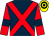 Dark blue, red cross belts, red sleeves, dark blue armlets, yellow and black hooped cap