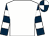 White, dark blue and white hooped sleeves, quartered cap