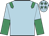light blue, emerald green epaulets, light blue and emerald green halved sleeves, light blue cap, emerald green stars