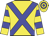 Yellow body, blue cross belts, yellow arms, blue hooped, yellow cap, blue hooped