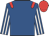 Royal blue, red epaulettes, royal blue and white striped sleeves, red cap