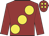 Burgundy, large yellow spots, burgundy cap , yellow spots