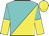 Turquoise, yellow halved diagonally, halved sleeves, yellow cap
