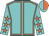 Turquoise, orange seams, turquoise sleeves, orange stars, halved cap