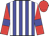 Blue and white stripes, red sleeves, blue armbands, red cap