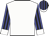 White, blue and black striped sleeves, white cuffs, black and blue striped cap, white peak