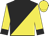 Black and yellow halved diagonally, yellow sleeves, black cuffs, yellow cap