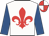 White, red fleur de lys, royal blue sleeves, red and white quartered cap