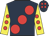 Dark blue, large red spots, yellow sleeves, red spots, dark blue cap, red spots