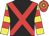 Black, red cross sashes, yellow sleeves, red hoops, red cap, yellow hooped