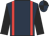 Dark blue, red braces, black sleeves, dark blue and black quartered cap