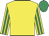 Yellow, emerald green striped sleeves, emerald green cap