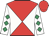 Red and white diabolo, white sleeves, emerald green diamonds, red cap