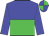 blue and lime green halved horizontally, blue sleeves, quartered cap