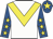 White, yellow chevron, royal blue sleeves, yellow stars, royal blue cap, yellow star