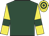 Dark green, yellow sleeves, dark green armlets, hooped cap