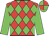 Red body, green diamonds, big-green arms, green cap, big-green quartered