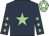 Dark blue body, soft green star, dark blue arms, soft green stars, soft green cap, white star