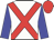 white, red cross belts, blue sleeves , red cap