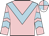 Pink,light blue chevron, pink sleeves, light blue chevrons, pink cap, light blue quarters,white peak
