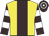 Yellow, brown stripe, brown and white hooped sleeves and cap