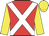 Red, white crossed sashes, yellow sleeves and cap