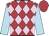 Scarlet and pale pink checked diamonds, sky blue sleeves, scarlet cap