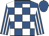 Royal blue and white checks, striped sleeves, royal blue collar and cap