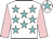 White, turquoise stars, pink sleeves, white cap, turquoise star
