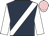 Dark blue, white sash & sleeves, pink cap