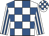 White & royal blue check, striped sleeves, check cap