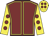 Maroon, yellow seams, yellow sleeves, maroon spots, yellow cap, maroon spots