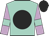Aqua, black ball, lilac sleeves, aqua armlet, black cap