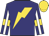 Navy, gold lightning bolt, navy sleeves, gold armlets, white stripe on sleeves, gold cap