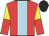 Red, light blue stripe, yellow and red halved sleeves, black cap
