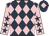 Dark blue and pink diamonds, pink sleeves, dark blue stars, dark blue cap, pink diamond