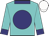 Turquoise, navy blue disc, collar and cuffs, white cap