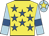 Yellow, royal blue stars, light blue sleeves, royal blue armlets, light blue cap, yellow star
