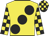 Yellow, large black spots, checked sleeves, black and yellow check cap