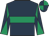 Dark blue, emerald green hoop, diabolo on sleeves, quartered cap