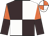 Brown and white (quartered), orange and brown halved sleeves, white and orange quartered cap