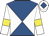 Royal blue and white diabolo, white sleeves, yellow armlets, white cap, royal blue diamond