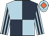 Light blue and dark blue (quartered), striped sleeves, light blue cap, orange diamond