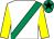 White, emerald green sash, yellow sleeves, emerald green cap, black star