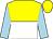 Yellow and white halved horizontally, light blue sleeves, yellow cap