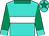 Turquoise, white hoop, emerald green sleeves and collar, turquoise cuffs and cap, emerald green star