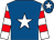Royal blue, white star, white and red hooped sleeves, royal blue cap, white star