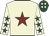 Beige, maroon star, beige sleeves, dark green stars, dark green cap, beige spots