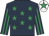 Dark blue, emerald green stars, striped sleeves, white cap, emerald green star