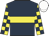 Dark blue, yellow hoop, yellow and dark blue check sleeves, white cap